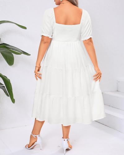 Image of Plus Size Summer Dresses - Sweetheart Neck Drawstring Puff Sleeve Casual Tiered Aline Flowy Midi Dress