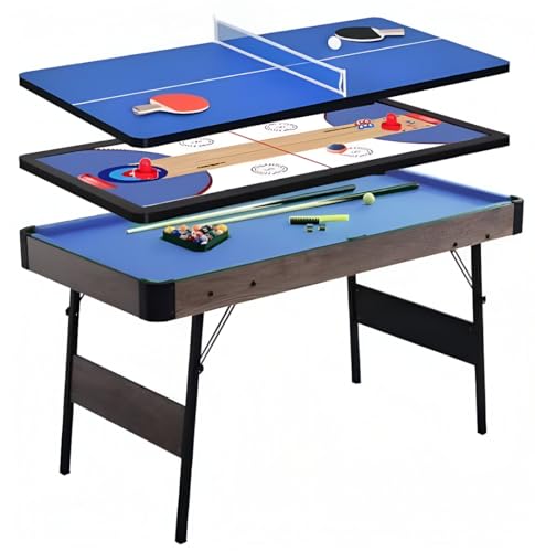 DEVESSPORT Mesa Multijuegos 5 en 1 Plegable Las Vegas | Billar, Air Hockey, Ping Pong, Curling y Tejo con Accesorios Incluidos | Compacta, con Patas Metálicas Reforzadas