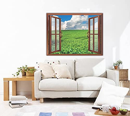 Image of CVANU Attractive View of Green pairies in a Sunny Day with Blue Sky Filled with Clouds Removable Faux Window Wall Sticker /Decals for Living Room etc Cv 35