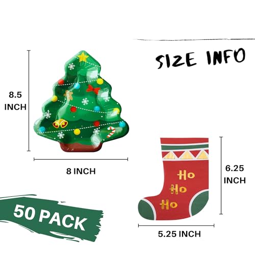 Winoo Design 100PCS Christmas Dessert Plates and Napkins Bulk - 50 PK - Small Tree Paper Plates Xmas Disposable Plates Stockings Napkins for Christmas Decorations Décor Party Supplies – Image 3