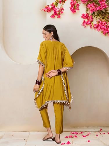 Image of ishin Women Mustard Embellished Zari Work Kaftan with Solid Pants