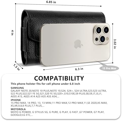 Leather Phone Holster Belt Loop Phone Belt Holder for Men Carrying Pouches Wallet Black for iPhone 17 16 15 14 13 12 14Pro/Pro Max Phone Case Samsung Motorola,Compatible with Case/Cover