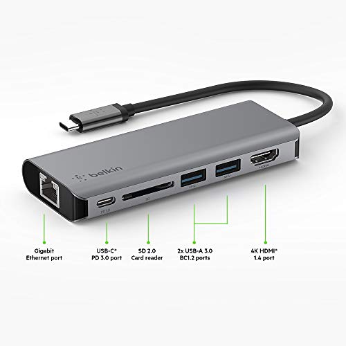 Belkin Usb C Hub, 6-In-1 Multiport Adapter Dock With 4K Hdmi, Usb-C 100W Pd Pass-Through Charging, 2 X Usb A, Gigabit Ethernet Ports And Sd Slot For Macbook Pro, Air, Ipad Pro, Xps And More #TOP2