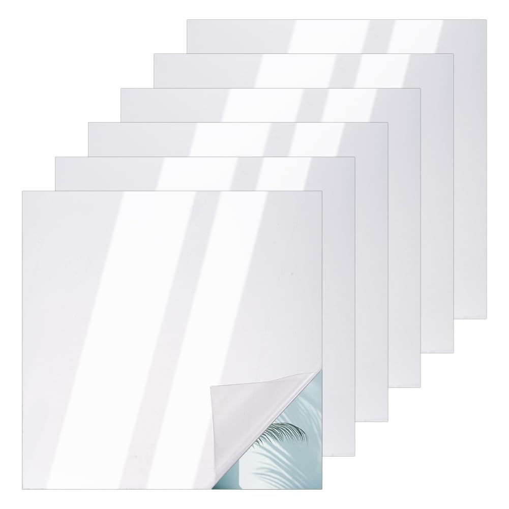 NBEADS 6 Pcs Two Way Mirror Glass, 20x20cm Acrylic Infinity See Through Mirror Sheet for Makeup DIY Magic Project Art Display, Square, Silver