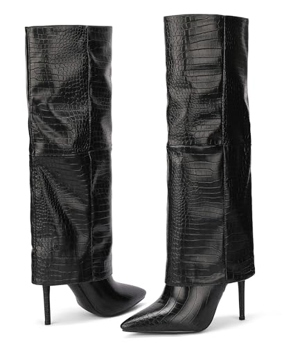 Women's Fold-Over Knee High Boots with 4-Inch Stiletto Heel, Pointed Toe & Pull-On Design4
