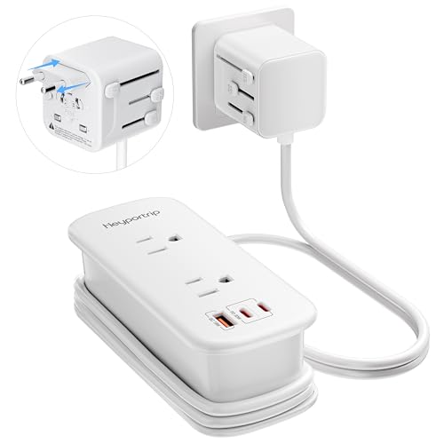 Heyportrip Universal Travel Adapter European Travel Plug Adapter with 2 USB-C(PD30W) & 1 USB-A Ports International Power Adapter with 70in Power Cord for USA EU UK AUS