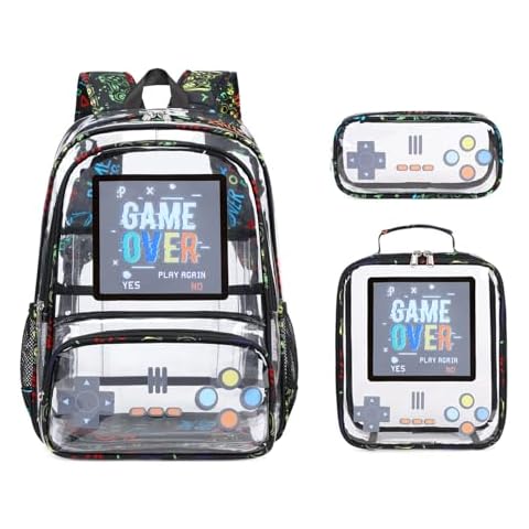 Scothen Clear Backpack for Boys, Clear Gamer School Backpack Heavy Duty with Lunch Bag and Pencil Case, Transparent See Through Bookbag Stadium Approved for Teen Boy Kids Elementary Middle High School Cover