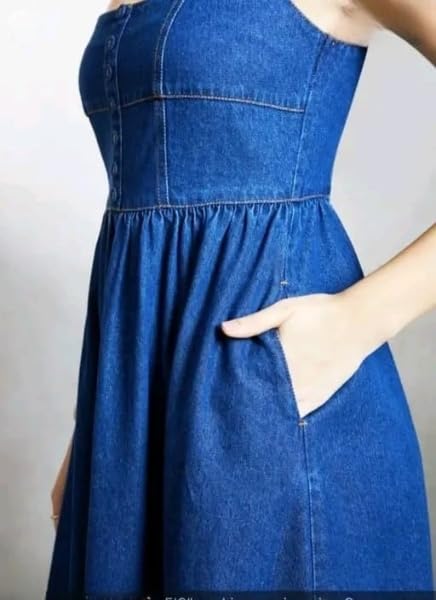 Image of Women Denim Fit and Flare Knee Length Dress Off Shoulder Neck Sleeveless Solid Dreesh 2
