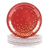 EVYIENEN 50 Pack Red and Gold Paper Plates, 7 inch Metallic Foil Polka Dots Disposable Dessert Party Plates, Perfect for Graduation, Birthday, Weddings, Holiday, Christmas