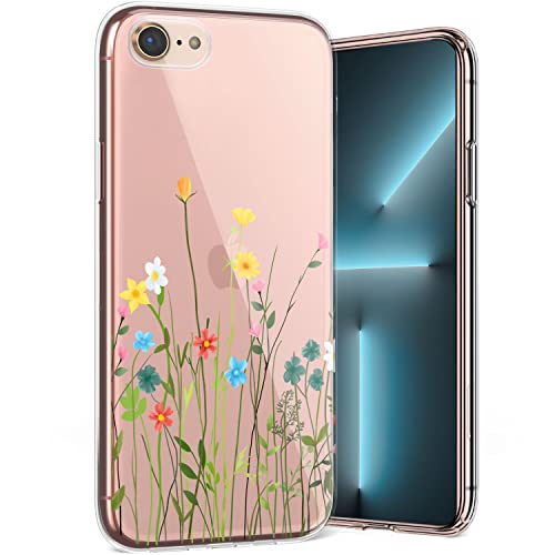 QULT kompatibel mit iPhone 7 / iPhone 8 / SE 2020 Hülle Silikon mit Blumen Gras Motiv Durchsichtig Süß Dünn Bumper TPU Case Transparent Flower Grass Cover