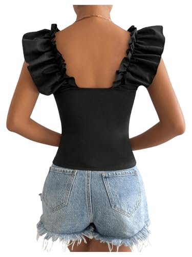 OYOANGLE Women's Flounce Sleeve Elegant Off Shoulder Ruffle Trim Crop Tee Casual T Shirt Top2