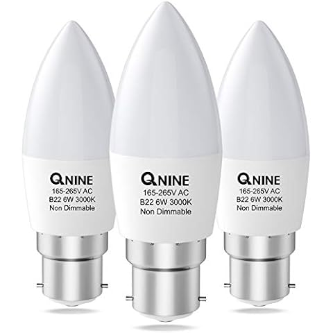 QNINE Warm White LED Candle Bulb Bayonet, 6W (60W Equivalent), 550lm, B22 Light Bulb, 3000K, Non-Dimmable, 3 Pack Cover