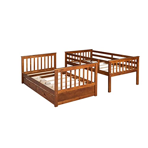 SOFTSEA Kids Twin Over Twin Bunk Bed with Drawers for Storage Solid Wood Bunk Bed Frame for Boys Girls with Headboard and Footboard, Full Guardrail and Ladder, No Box Spring Needed