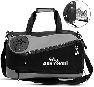AthleSoul Sports Duffle Gym Bag- (All in One) Unique Bottle Holder/Earphone Outlet/Wet Pocket/Shoe Compartment- Duffel Kit Bag, Football Swimming Travel Shoulder Holdall for Women & Men (Small/Medium)