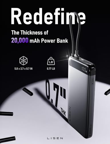 LISEN Powerbank CCC, Powerbank 20,000 mAh, 35 W, Mit Kabel Compatible with iPhone 17/16 Series, Xiaomi 17 Pro Max, Samsung S25 Series, Travel Aeroplane Essential Gadgets