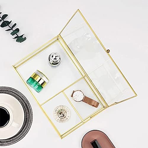 Ruhi Collections Gold Plated Vintage Storage Box Jewellery Makeup Organiser with Clear Glass and Metal Rim 3 Compartments and Lid