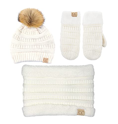 Image of Funky Junque Kids Matching Neck Warmer Scarf Soft Fuzzy Cuff Gloves Mittens Ribbed Knit Pom Pom Beanie Bundle Boy Girl