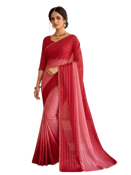 Red and Pink Ombre Chiffon Georgette Saree with Golden Moti Lace Border | Gradient Color Block, Golden Moti Lace Border Embellishment, Free Size, Festive & Marriage Function Wear, Dry Clean Only-image-35