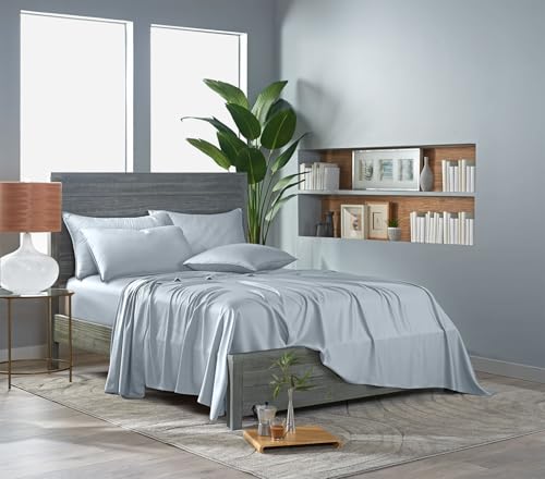 Image of Pure Bamboo Split King Sheets, Genuine 100% Organic Viscose Derived from Bamboo Bed Sheet Set, Soft & Cooling, Double Stitching, 2 Fitted Sheets (Split King, Glacier)