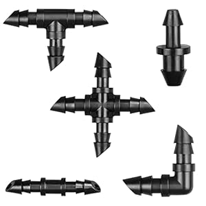 1/4 Inch Drip Irrigation Fittings Kit：200 Pieces Drip Irrigation Parts with Sharp End for 1/4″ Drip Tubing Barbed Connectors for Home Garden 85 Couplings 60 Tees 20 Elbows 25 Plugs 10 Crosses