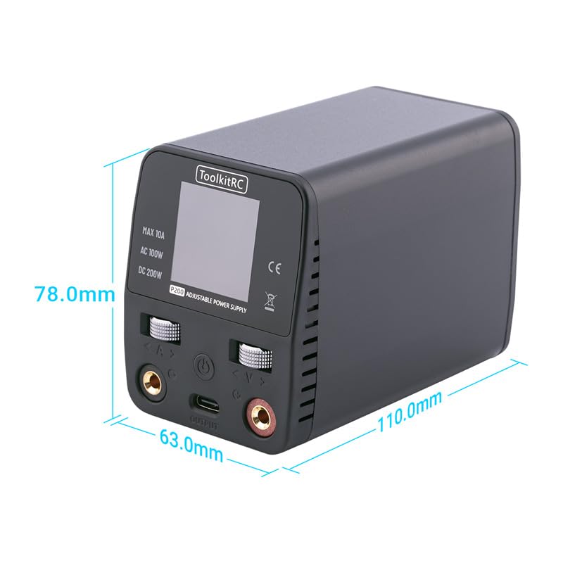 Image of NEW ToolkitRC P200 V2 Mini 30V Supply AC100W DC200W 10A GaN Adjustable Mini Desktop Power Supply USB Output 4.0mm banana female port with TypeC 65W Output fast charging