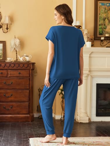 Image of Ekouaer Lounge Sets for Women 2 Piece Short Sleeve Tops and Jogger Pants Set Comfy Pajama Sets Tracksuit,Dark Blue,XXL