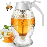 Honey Dispenser, 8oz Honey Dispenser No Drip Glass with Stand, Honey Container & Coffee Syrup Dispenser for Tea Time & Gifting, Elegant Honeycomb Honey Jar - Honey Pot Bottle for Maple Syrup Bee