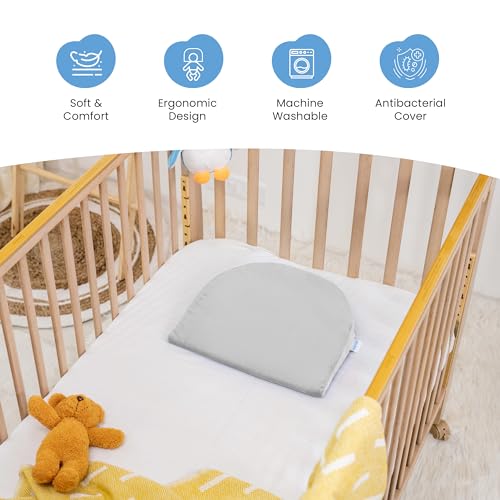 Image of Cherilo C Shaped Elevated Wedge Pillow for Baby Crib & Mattress, Elevate Baby to Prevent Acid Reflux, Colic, GERD, Heat Burn & Vomiting | 15 inch x 12 inch x 3 inch | - with Removable Velvet Cover - Grey