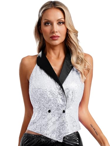Womens Sequin Waistcoat Vest Dressy Sparkly Suit Vest Sleeveless Bling Party Christmas V-Neck Top3