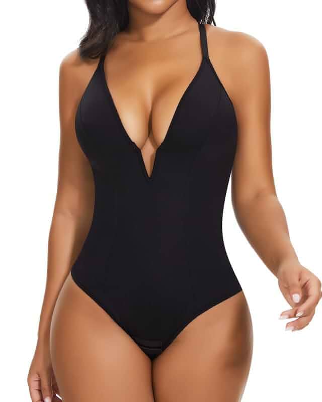 SHAPERIN Women's Deep V Neck Bodysuit Double Lined Plunge Tummy Control Shapewear Thong Body Suits Backless Cami Tank Sleeveless