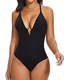 SHAPERIN Women's Deep V Neck Cami Bodysuit Plunge Double Layer Tummy Control Shapewear Thong Body Suits (Medium,Black)