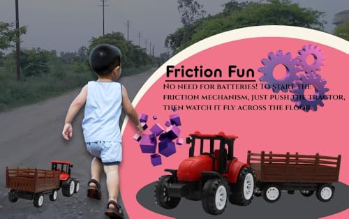 Image of Neokiddo Toys Friction Powered Trolley Farm Tractor Toy for Kids & Toddlers /Boys & Girls - Durable Push & Go Farm Vehicle | Medium Size Plastic Toy for Pretend Play & Outdoor Fun - Ages 3+ (Red)