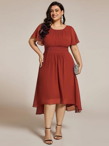 Image of Ever-Pretty Women's Plus Size Formal Wedding Guest Dresses for Curvy Women A Line Chiffon Midi High Low Cocktail Dress