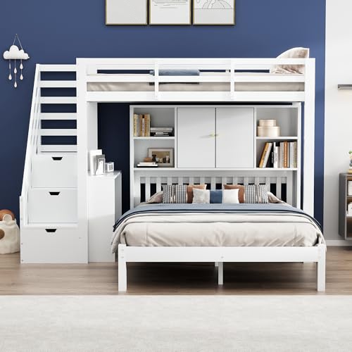 Sapgaks Lit superposé Enfant 90x200 avec étagère de Rangement,lit cabane Enfants 140x200,lit Mezzanine 2 Places avec escalier,avec Barriere,Mezzanine...