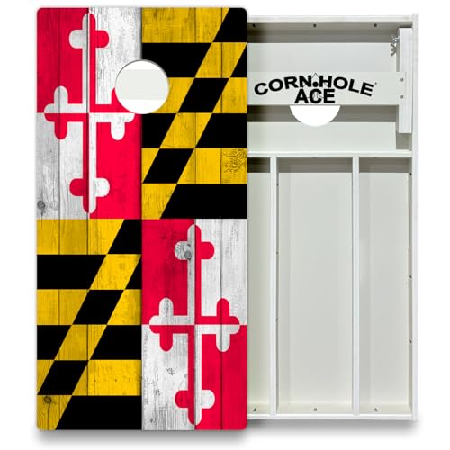 CornholeAce Maryland State Flag All Weather Pro Cornhole Board Set - Waterproof 4x2 Regulation Size, Made in USA, Triple Wide Legs, 3/4