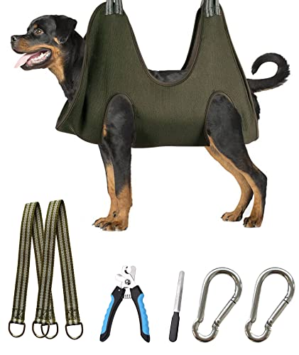 Image of Kkiimatt 10 in 1 Dog Grooming Hammock Harness with Nail Clippers /Trimmer, Nail Hammock for Trimming, Grooming Sling Hange Holder for Extra Large Dogs (XXL /Under 120lb, Khaki Green)