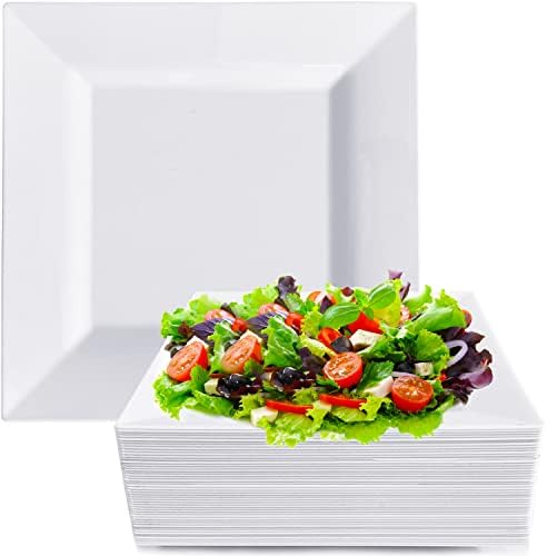Tiaiidi 50 Pieces White Square Plastic Plates,6.5 Inch Disposable Dessert Plates,Premium Hard Salad Plates for Dinner,Wedding,Party Supplies