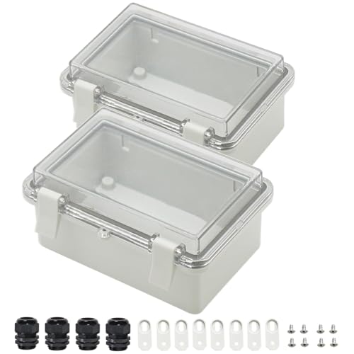 Zulkit 2pcs Junction Box ABS Plastic Dustproof Waterproof IP65 Electrical Boxes Hinged Shell Outdoor Universal Project Enclosure Clear Cover with 2 Cable Glands 5.9 x 3.9 x 2.8 inch (150x100x70 mm)
