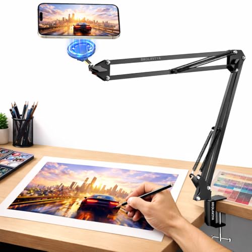 Image of BROLAVIYA Ovehead Magnetic Phone Holder with Adjustable Clamp Arm | Hands-Free Bed, Desk & Table Mount | 360 Rotation | Strong Magnet Compatible with iPhone and Smartphones for Home, Office