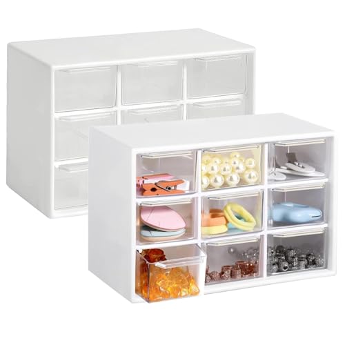 Zyiphor 2 Piezas Cajoneras Plastico Almacenaje con 9 Cajones Pequeñas Caja de Almacenamiento de Escritorio Transparente Cajones Extraíbles Organizador para Almacenar Cosméticos Joyería