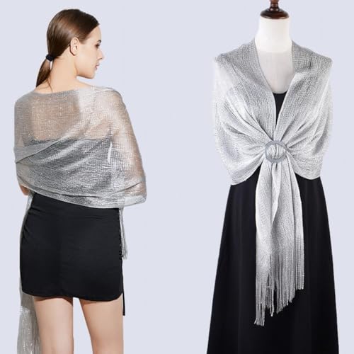 Funkelnde metallische Tücher und Wickel, Schimmernder Schals und Wraps mit Fransen Schal Silberner Schal für die Abendparty Formale Kleider Hochzeit Brautjungfer (mit kostenloser Schalschnalle)