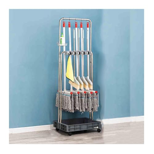 Chariot de rangement mobile pour outils de nettoyage avec fentes et crochets, design à roulettes en acier inoxydable pour une mobilité et une organisation faciles