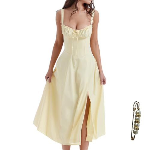Image of Floral Corset Midi Dress Square Neck A Line Dress with Slit | Square neck floral midi dress with front tie bust wide straps A-line skirt side slit and lightweight fabric