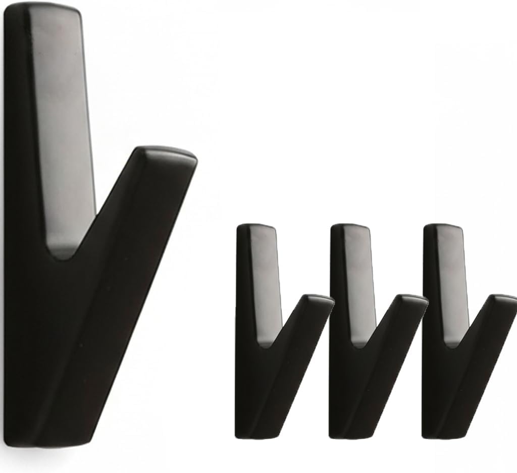 4-Pack Black Aluminum Wall Hooks - Heavy Duty Command Hooks for Towels, Hats, Coats | Decorative Bathroom & Shower Accessories to Hang It All (Black)