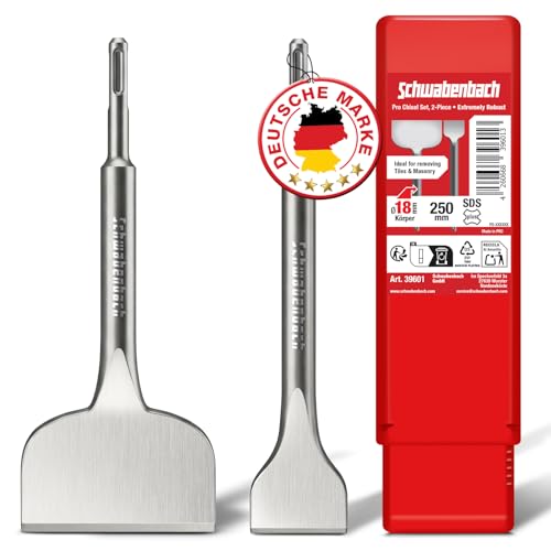 SCHWABENBACH® Sds Plus Lot de 2 burins à carrelage plat Sds Plus 50 mm + burin bêche extra large 100 mm 250 mm de long Compatible avec marteau perforateur...