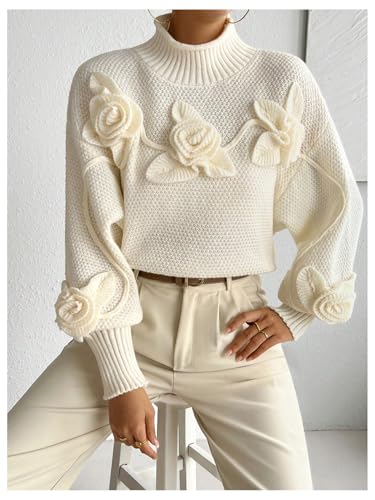 Image of MakeMeChic Women's 3D Flower Mock Neck Sweater Lantern Sleeve Drop Shoulder Pullover Top Apricot Medium