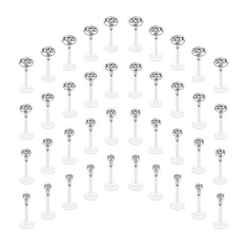 PiercingJak 40Pcs Lot Piercing Labret Piercing Lèvre Boucles d'Oreille Tragus Cartilage Nez Studs Flexible Acrylique Cristal Strass 2mm+3mm+4mm+5mm Femme Homme Fantaisie Bijoux de Corps Cover