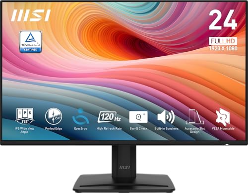 msi PRO MP242A E2 24-inch IPS 1920 x 1080 (FHD) Gaming Office Monitor, 120Hz, Adaptive-Synch, HDR Ready, HDMI, VGA Port, Display Port,VESA Mountable, Tilt, Speaker, 4-Side Slim Bezel,1ms, Black