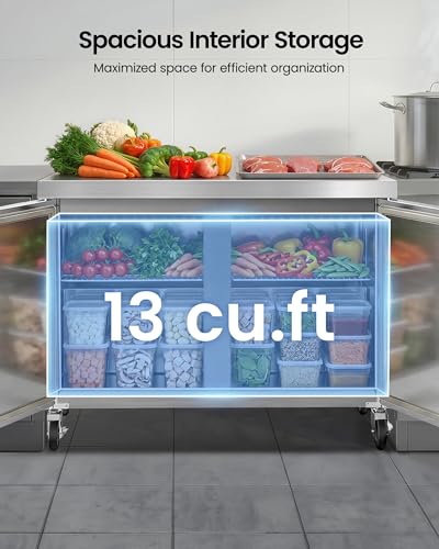 Image of 48 inch Worktop Refrigerator, 13 Cu.Ft Under Counter Fridge | Stainless Steel 2-Door Refrigerated Prep Station with Fan Cooling, Ideal for Restaurant, Bar and Kitchen Food Preparation