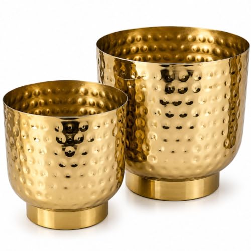 Image of ecofynd 2 Pack Metal Plant Pots (7 inch, 5.5 inch), Indoor Small Planter Flower Pots, Home Garden Decor Planter for Living Room Bedroom Interior (Gold Finish, POT054)